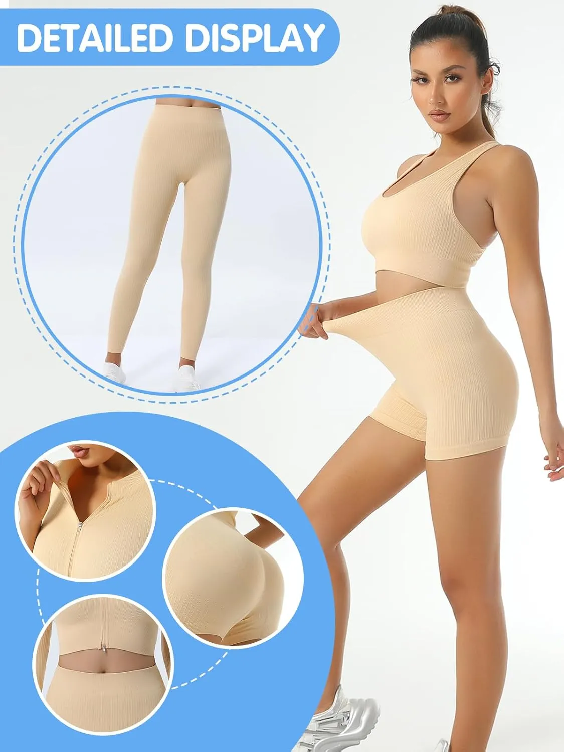 6 PCS Workout Sets for Women Ribbed Women's Athletic Clothing Sets Pilates Yoga Outfits Sports Bra Leggings Workout Set