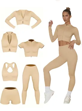 6 PCS Workout Sets for Women Ribbed Women's Athletic Clothing Sets Pilates Yoga Outfits Sports Bra Leggings Workout Set