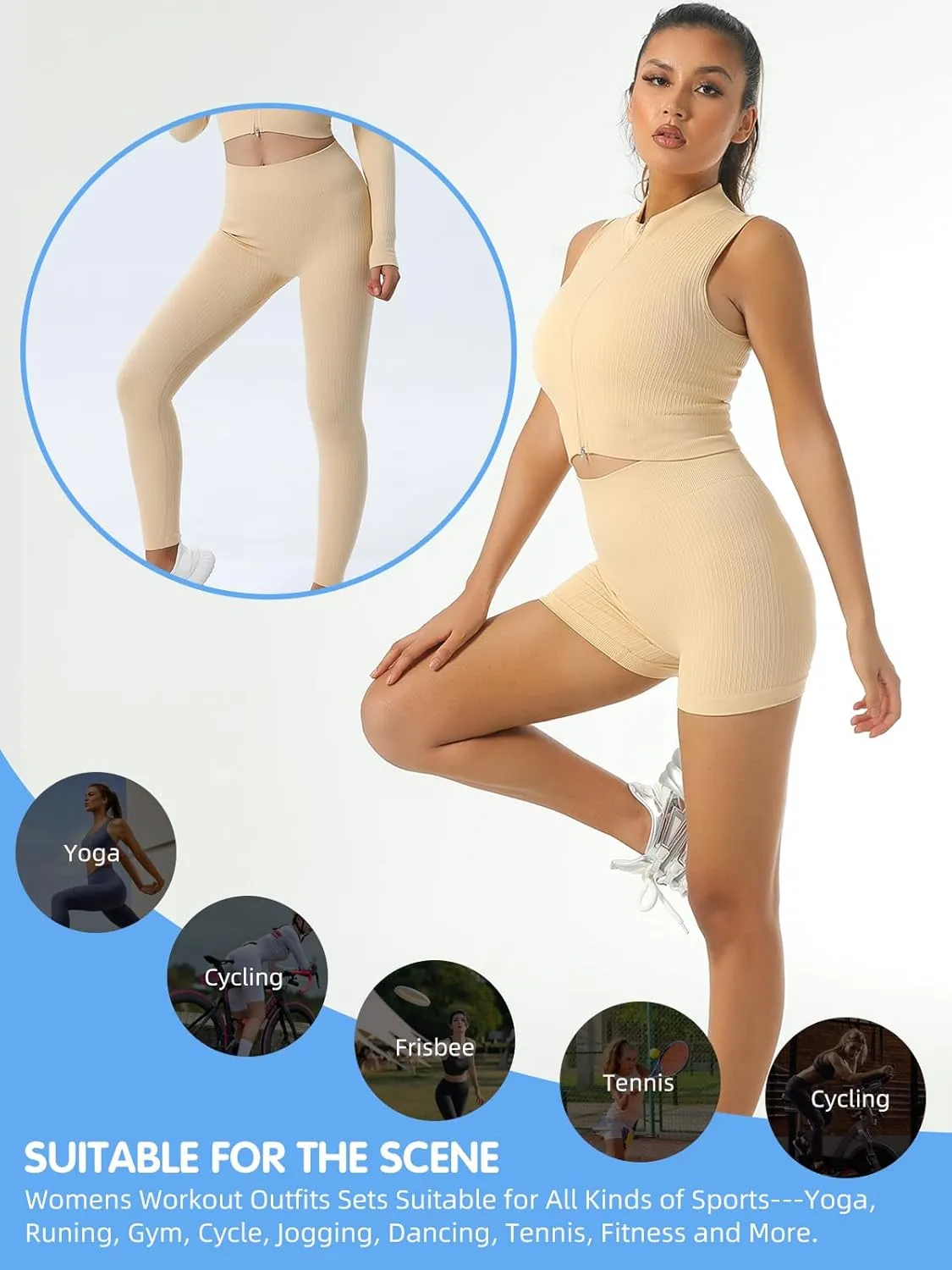 6 PCS Workout Sets for Women Ribbed Women's Athletic Clothing Sets Pilates Yoga Outfits Sports Bra Leggings Workout Set