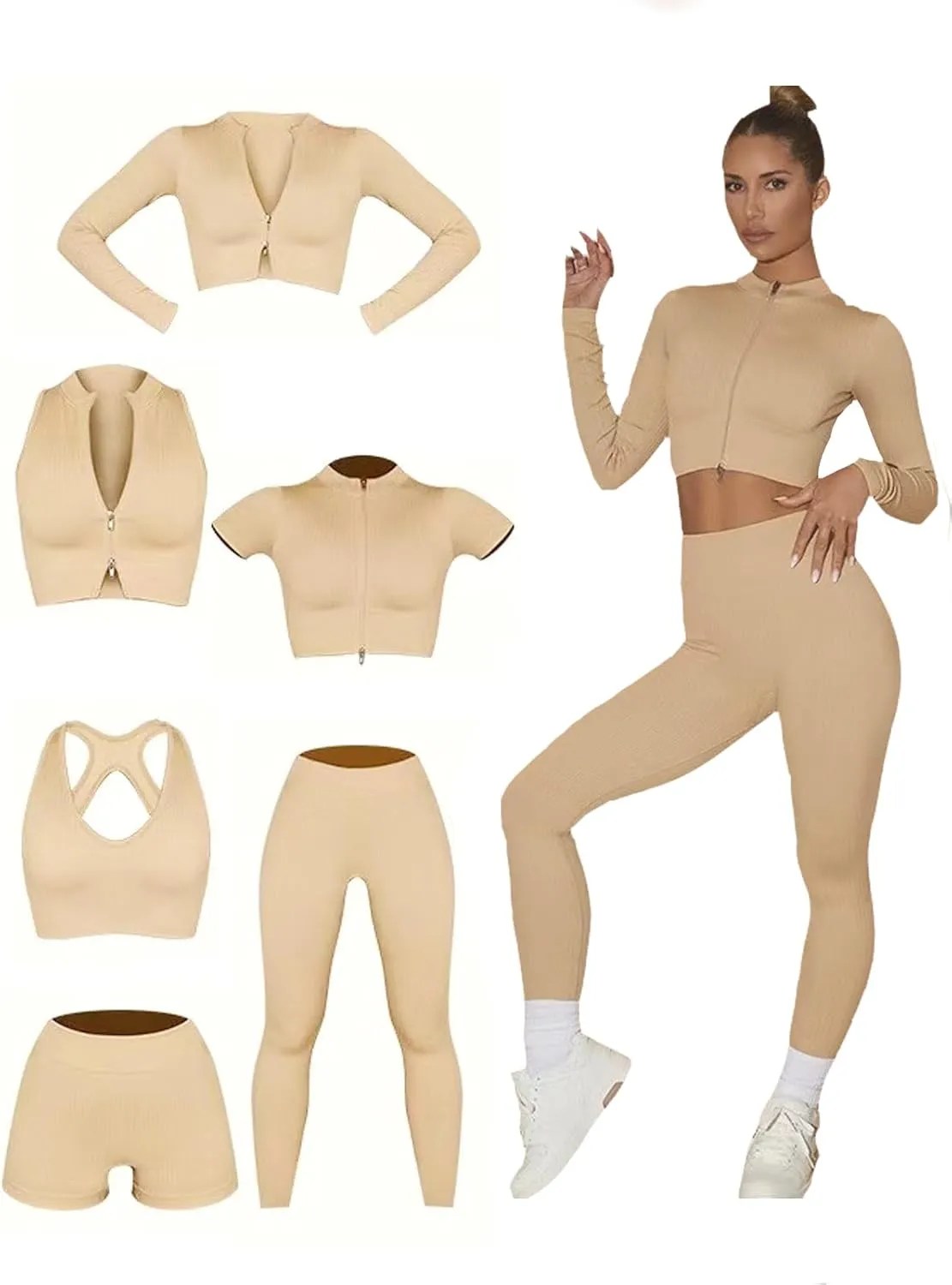 6 PCS Workout Sets for Women Ribbed Women's Athletic Clothing Sets Pilates Yoga Outfits Sports Bra Leggings Workout Set