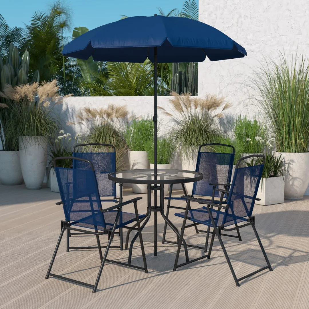 6-Piece Patio Set: Table, Umbrella & Folding Chairs - Outdoor Garden Furniture