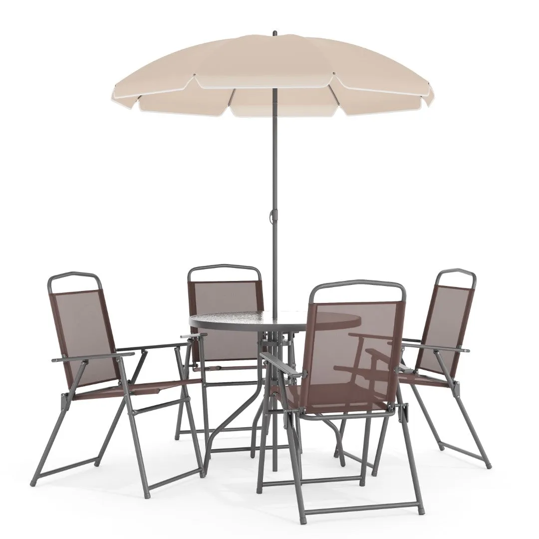 6-Piece Patio Set: Table, Umbrella & Folding Chairs - Outdoor Garden Furniture
