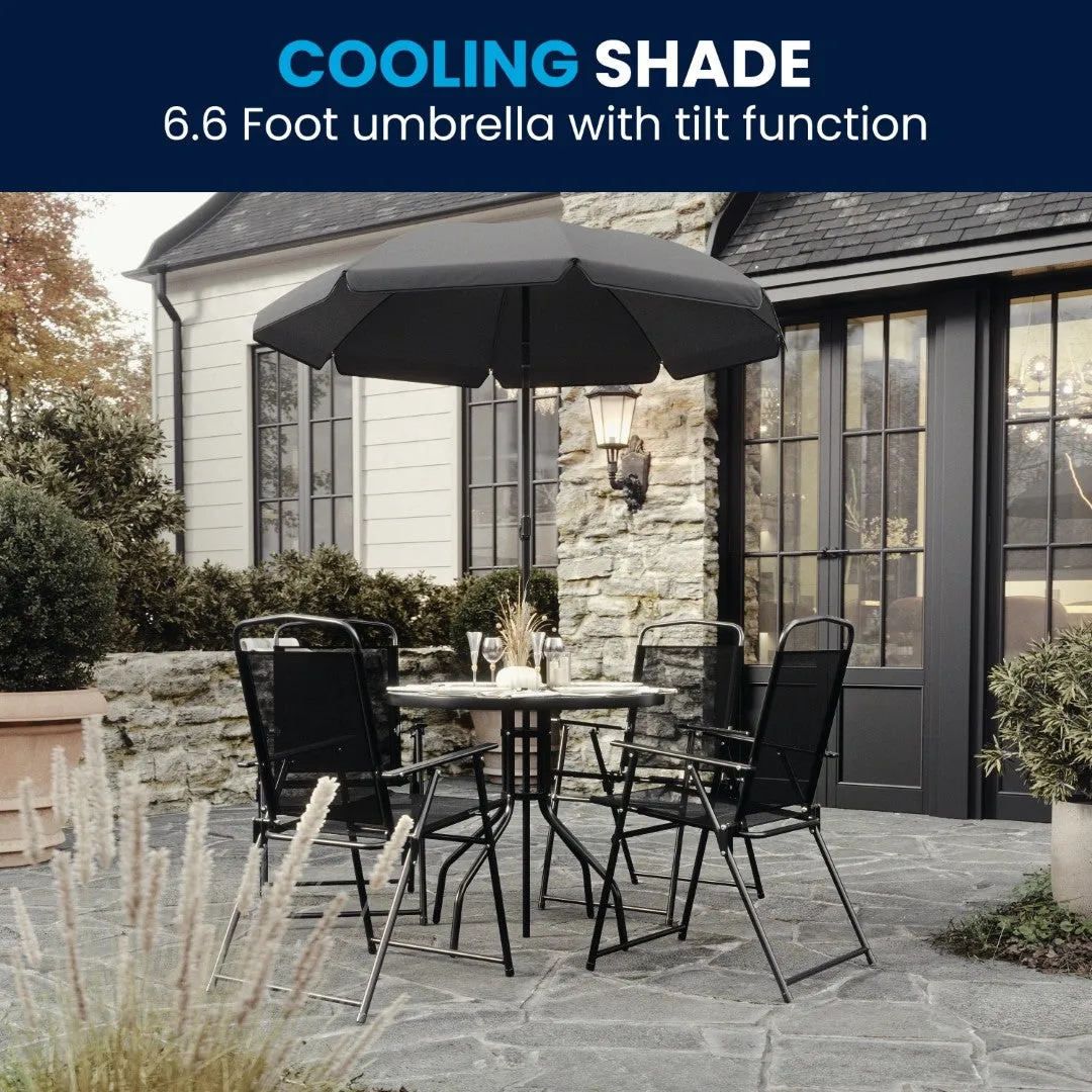 6-Piece Patio Set: Table, Umbrella & Folding Chairs - Outdoor Garden Furniture