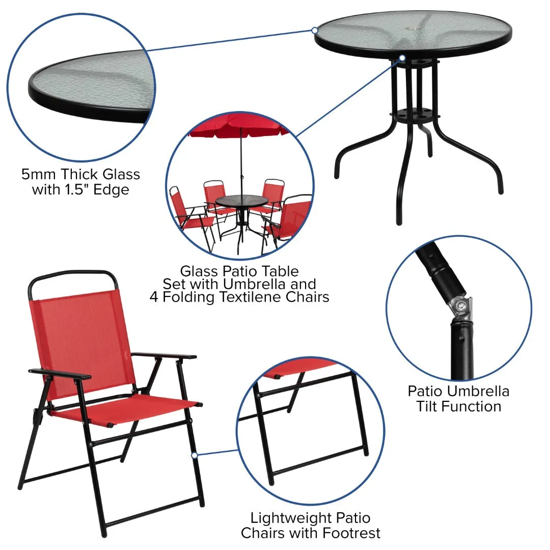 6-Piece Patio Set: Table, Umbrella & Folding Chairs - Outdoor Garden Furniture