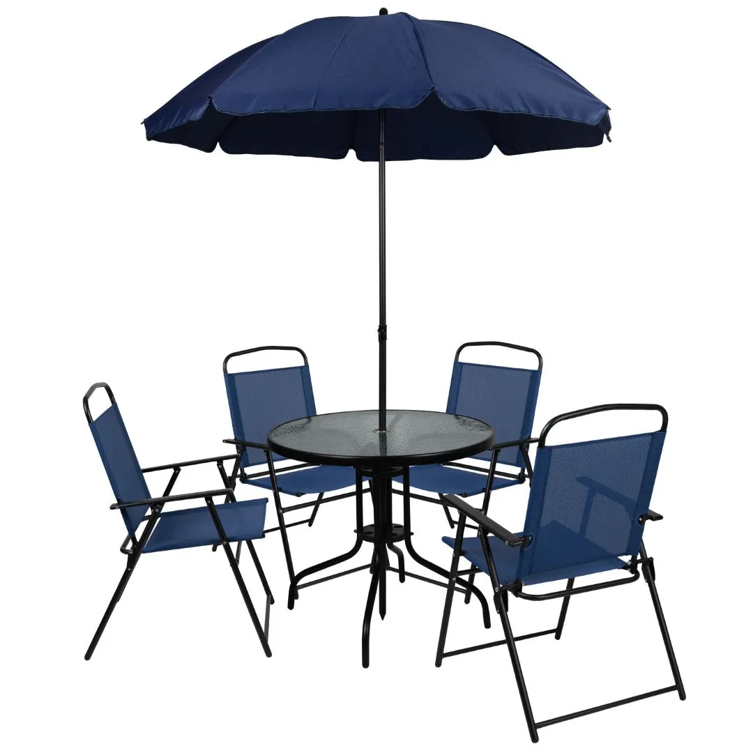 6-Piece Patio Set: Table, Umbrella & Folding Chairs - Outdoor Garden Furniture