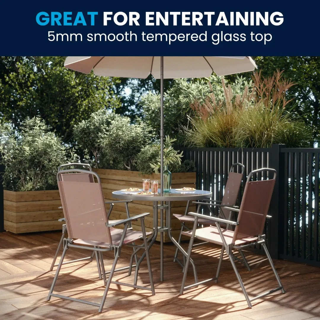 6-Piece Patio Set: Table, Umbrella & Folding Chairs - Outdoor Garden Furniture