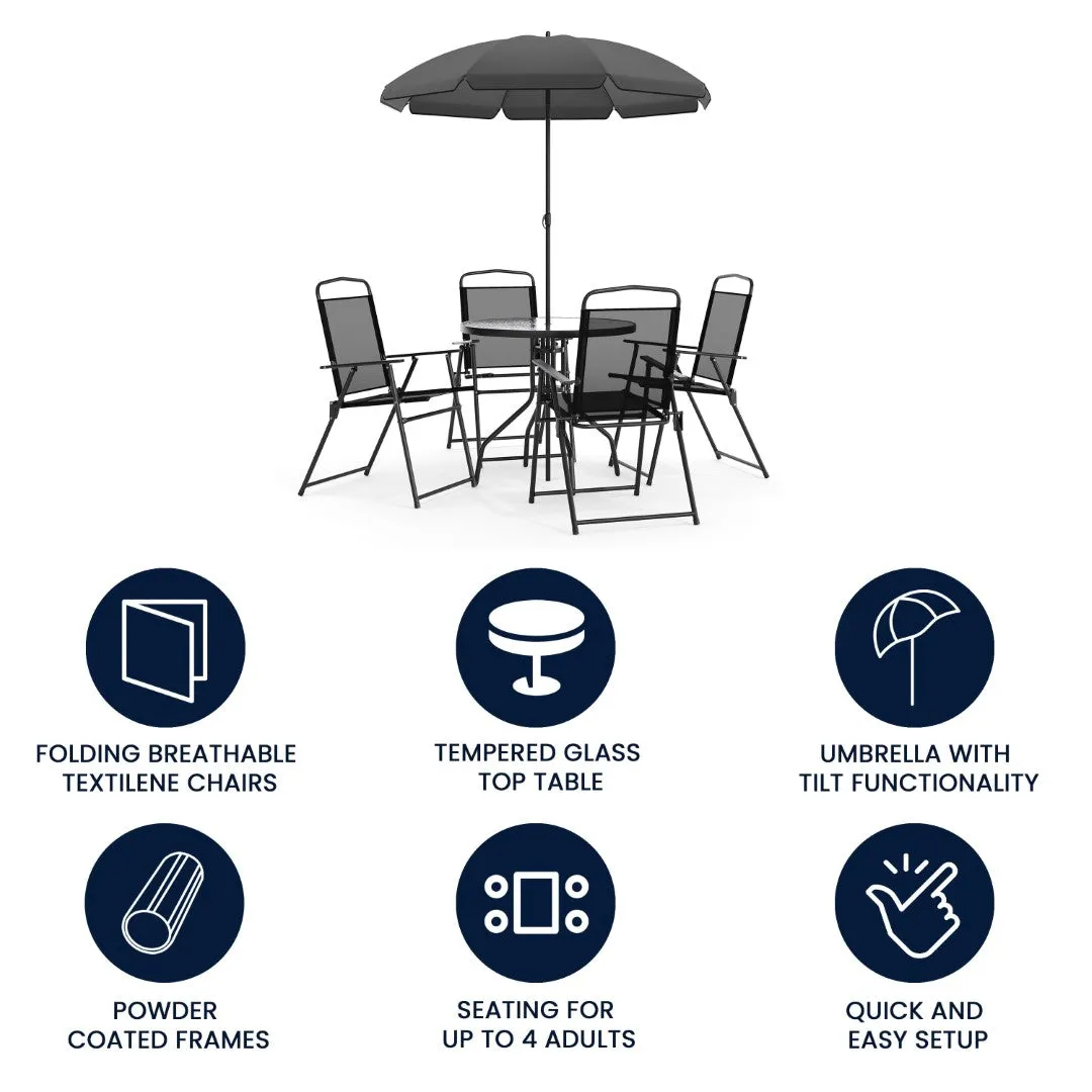 6-Piece Patio Set: Table, Umbrella & Folding Chairs - Outdoor Garden Furniture