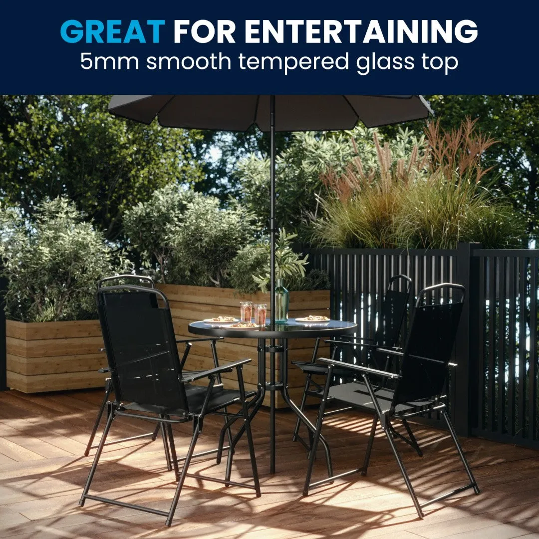 6-Piece Patio Set: Table, Umbrella & Folding Chairs - Outdoor Garden Furniture