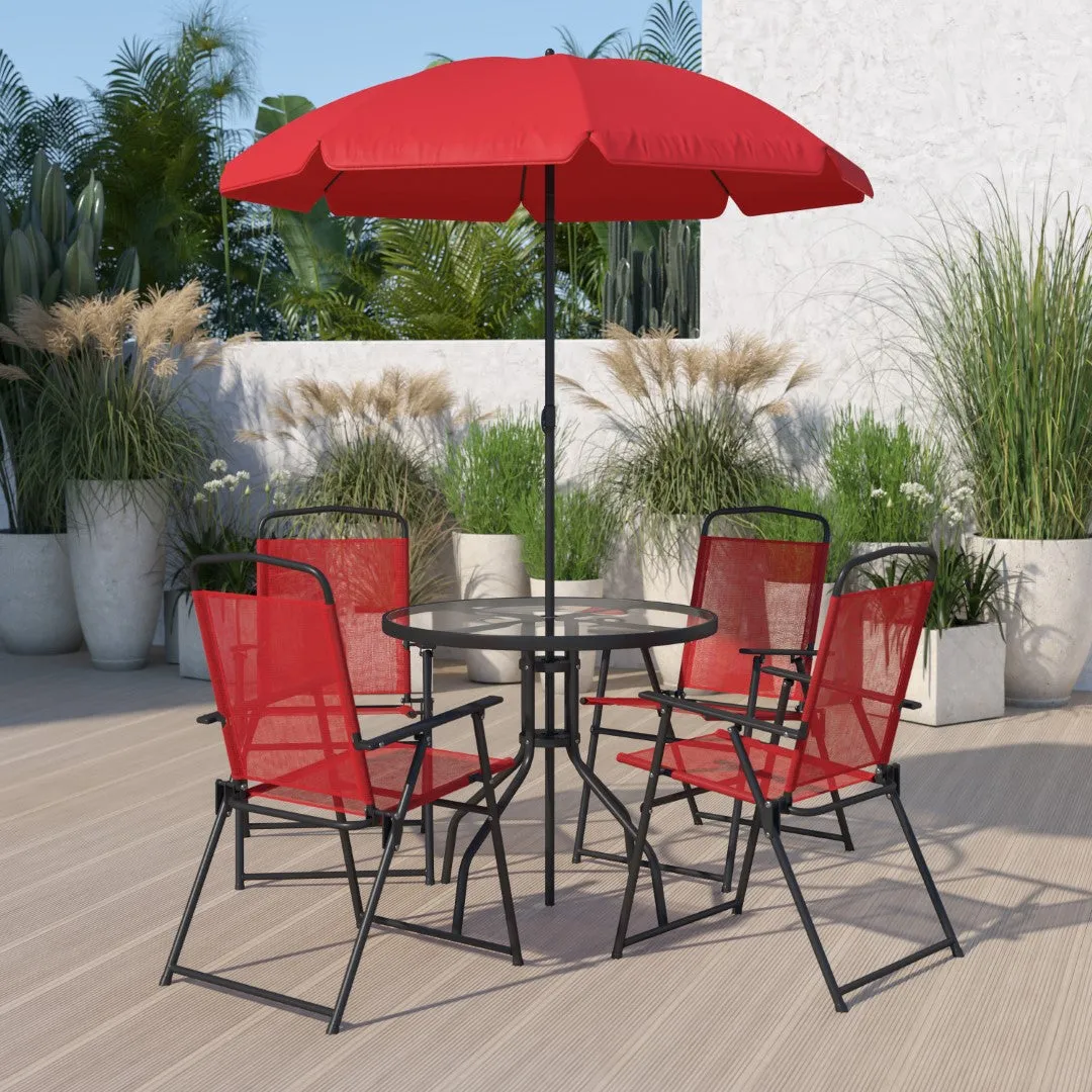6-Piece Patio Set: Table, Umbrella & Folding Chairs - Outdoor Garden Furniture