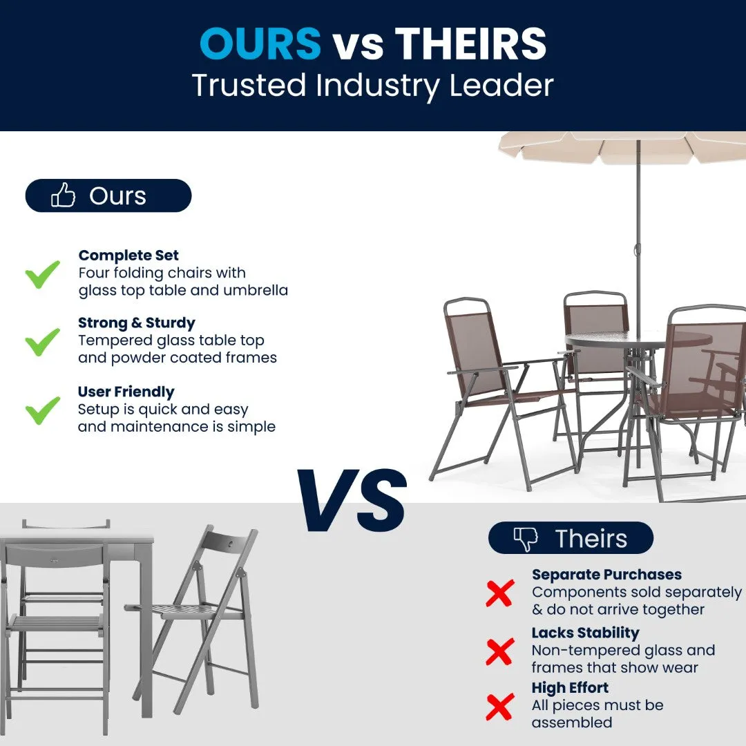 6-Piece Patio Set: Table, Umbrella & Folding Chairs - Outdoor Garden Furniture