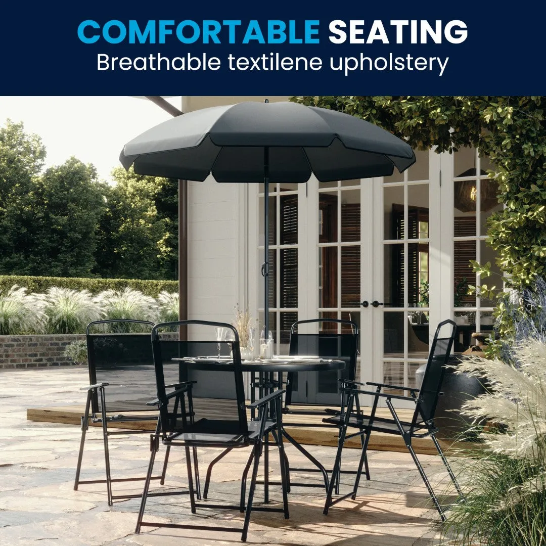 6-Piece Patio Set: Table, Umbrella & Folding Chairs - Outdoor Garden Furniture