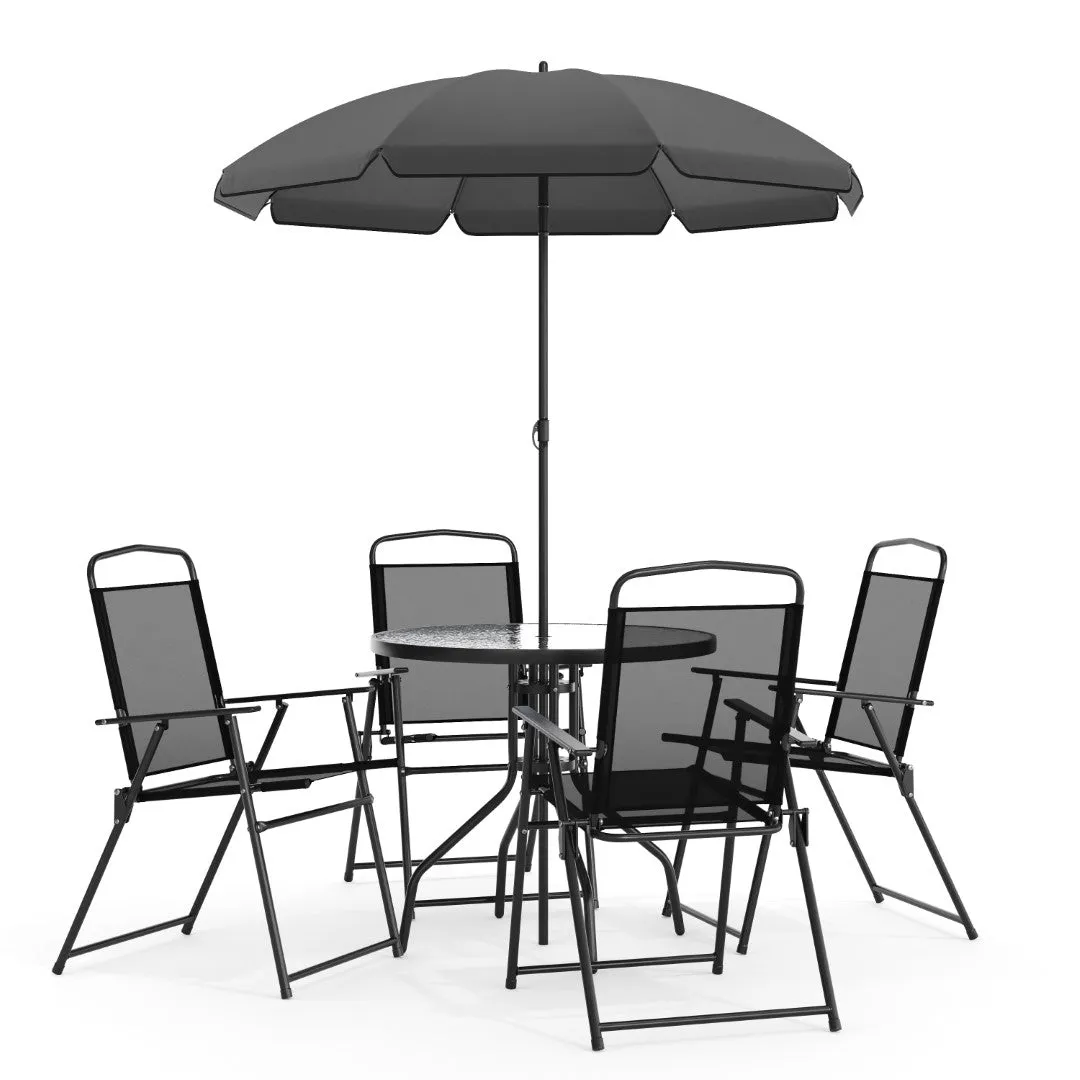 6-Piece Patio Set: Table, Umbrella & Folding Chairs - Outdoor Garden Furniture