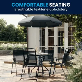6-Piece Patio Set: Table, Umbrella & Folding Chairs - Outdoor Garden Furniture