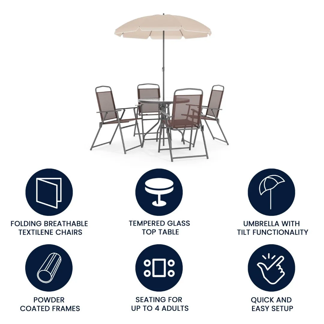 6-Piece Patio Set: Table, Umbrella & Folding Chairs - Outdoor Garden Furniture