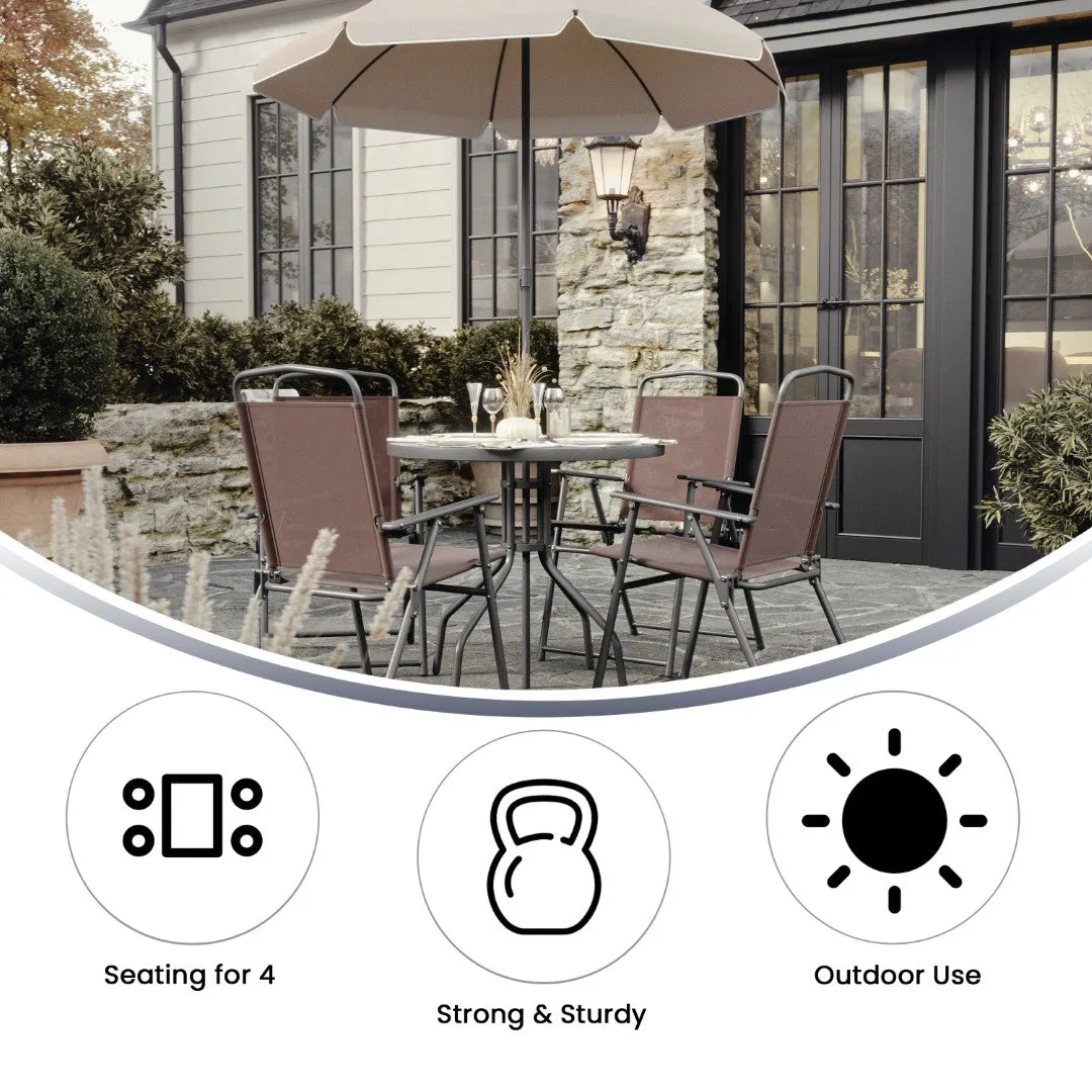6-Piece Patio Set: Table, Umbrella & Folding Chairs - Outdoor Garden Furniture