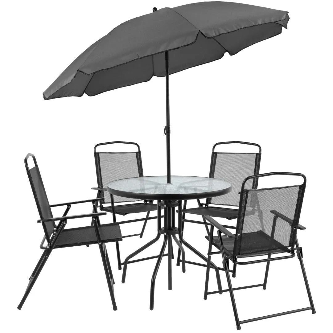 6-Piece Patio Set: Table, Umbrella & Folding Chairs - Outdoor Garden Furniture