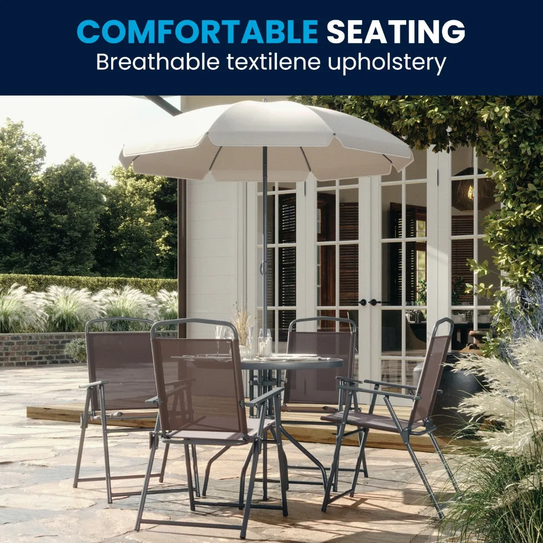 6-Piece Patio Set: Table, Umbrella & Folding Chairs - Outdoor Garden Furniture