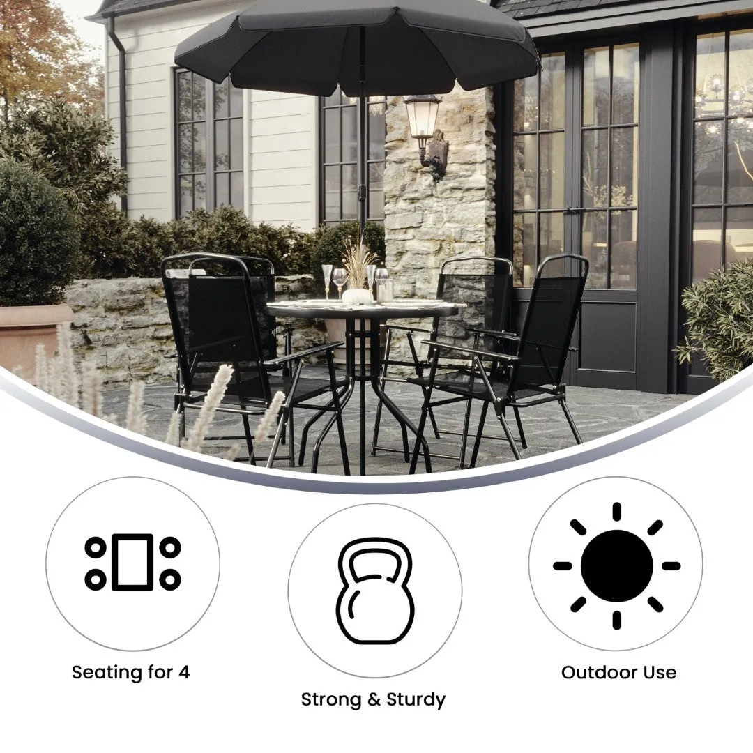 6-Piece Patio Set: Table, Umbrella & Folding Chairs - Outdoor Garden Furniture