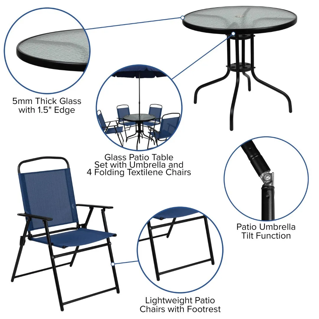 6-Piece Patio Set: Table, Umbrella & Folding Chairs - Outdoor Garden Furniture