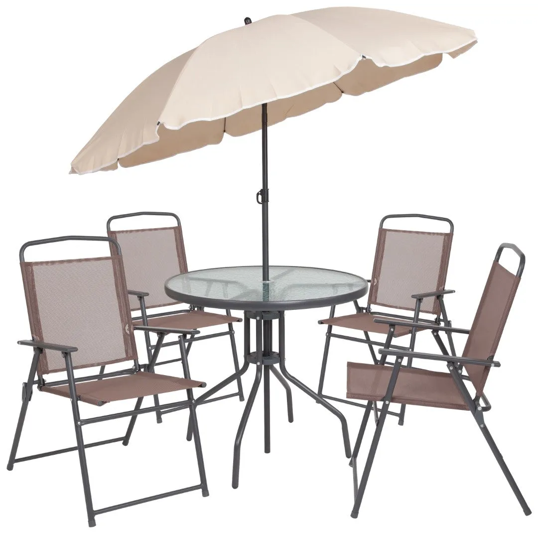 6-Piece Patio Set: Table, Umbrella & Folding Chairs - Outdoor Garden Furniture