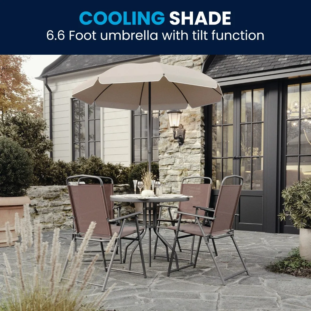 6-Piece Patio Set: Table, Umbrella & Folding Chairs - Outdoor Garden Furniture