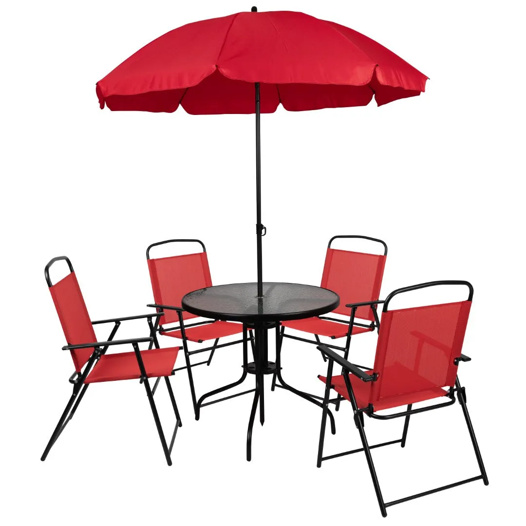 6-Piece Patio Set: Table, Umbrella & Folding Chairs - Outdoor Garden Furniture