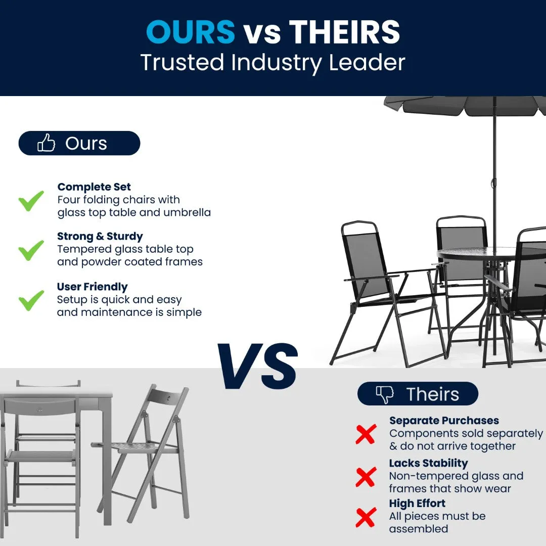 6-Piece Patio Set: Table, Umbrella & Folding Chairs - Outdoor Garden Furniture