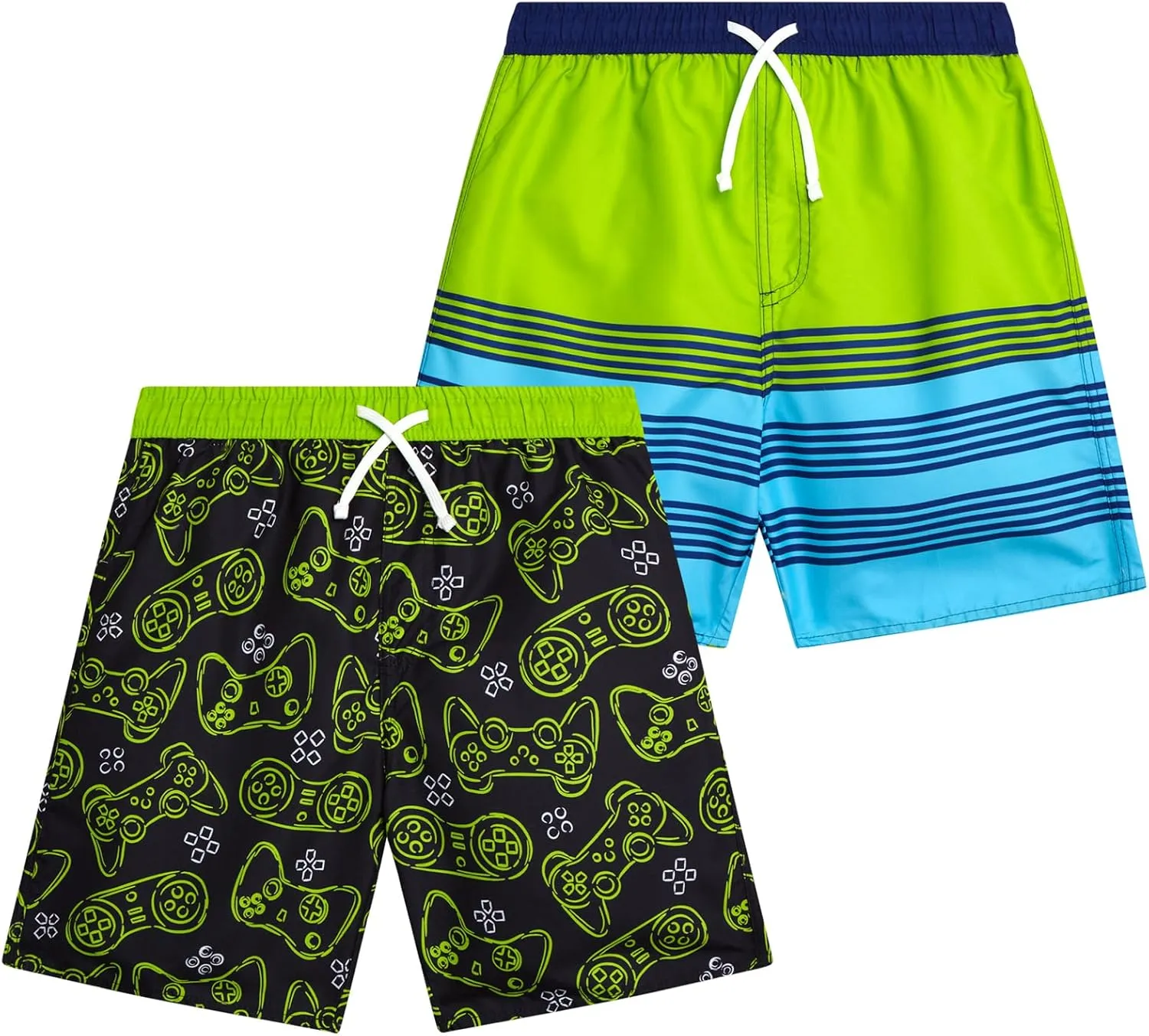 Boys Swim Trunks - 2 Pack Quick Dry Printed Boys Board Shorts Bathing Suit Kids Swimwear with Pockets (Size:8-18)