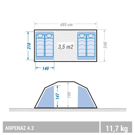 Camping tent with poles arpenaz 4.2 4 people 2 bedrooms
