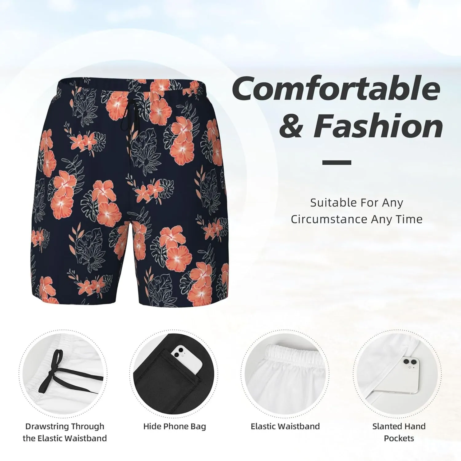 Cerburny Mens Swim Trunks with Compression Liner Men Beach Shorts Bathing Suit Quick Dry Printed Swimming Short with Pockets