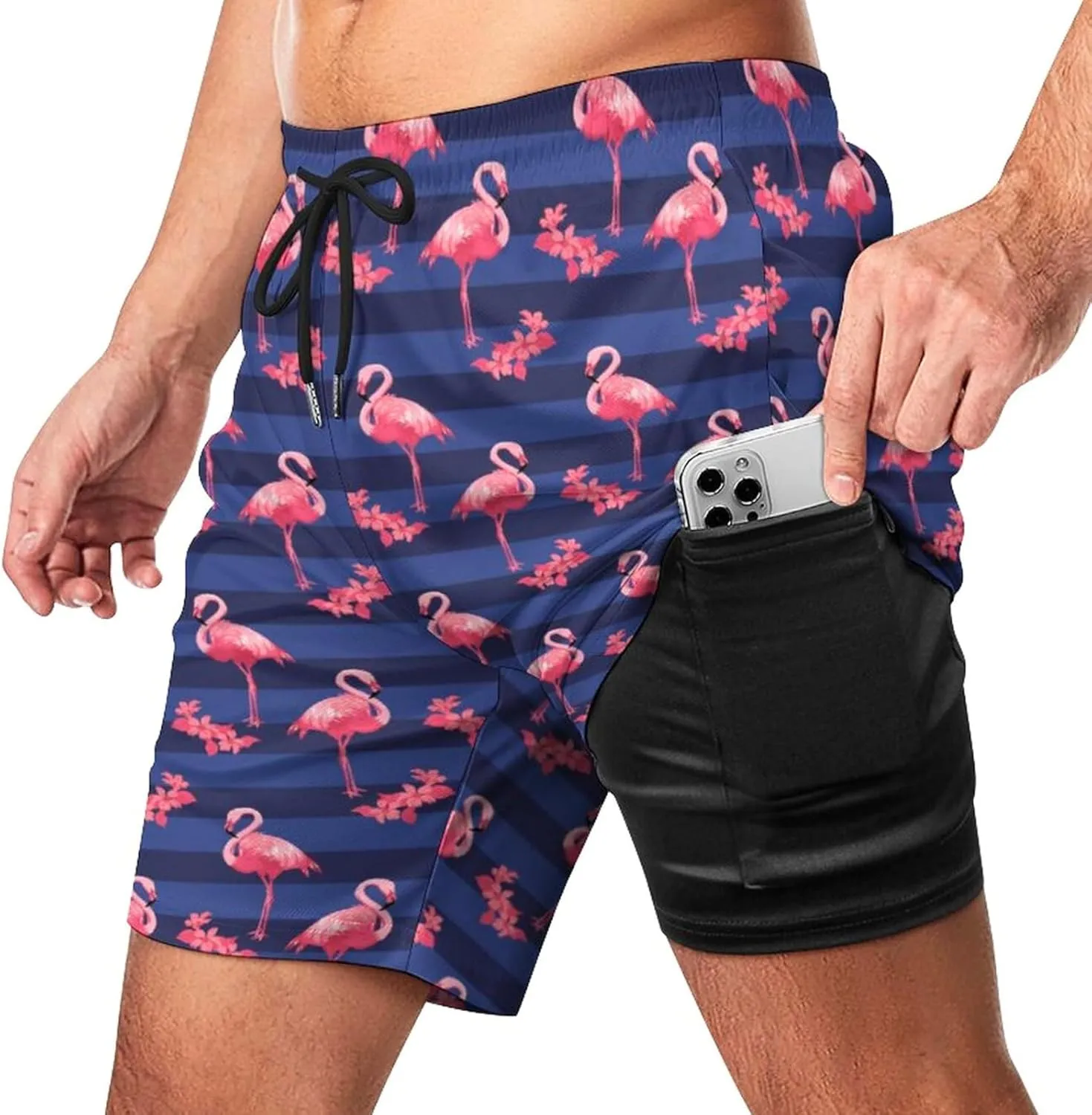 Cerburny Mens Swim Trunks with Compression Liner Men Beach Shorts Bathing Suit Quick Dry Printed Swimming Short with Pockets