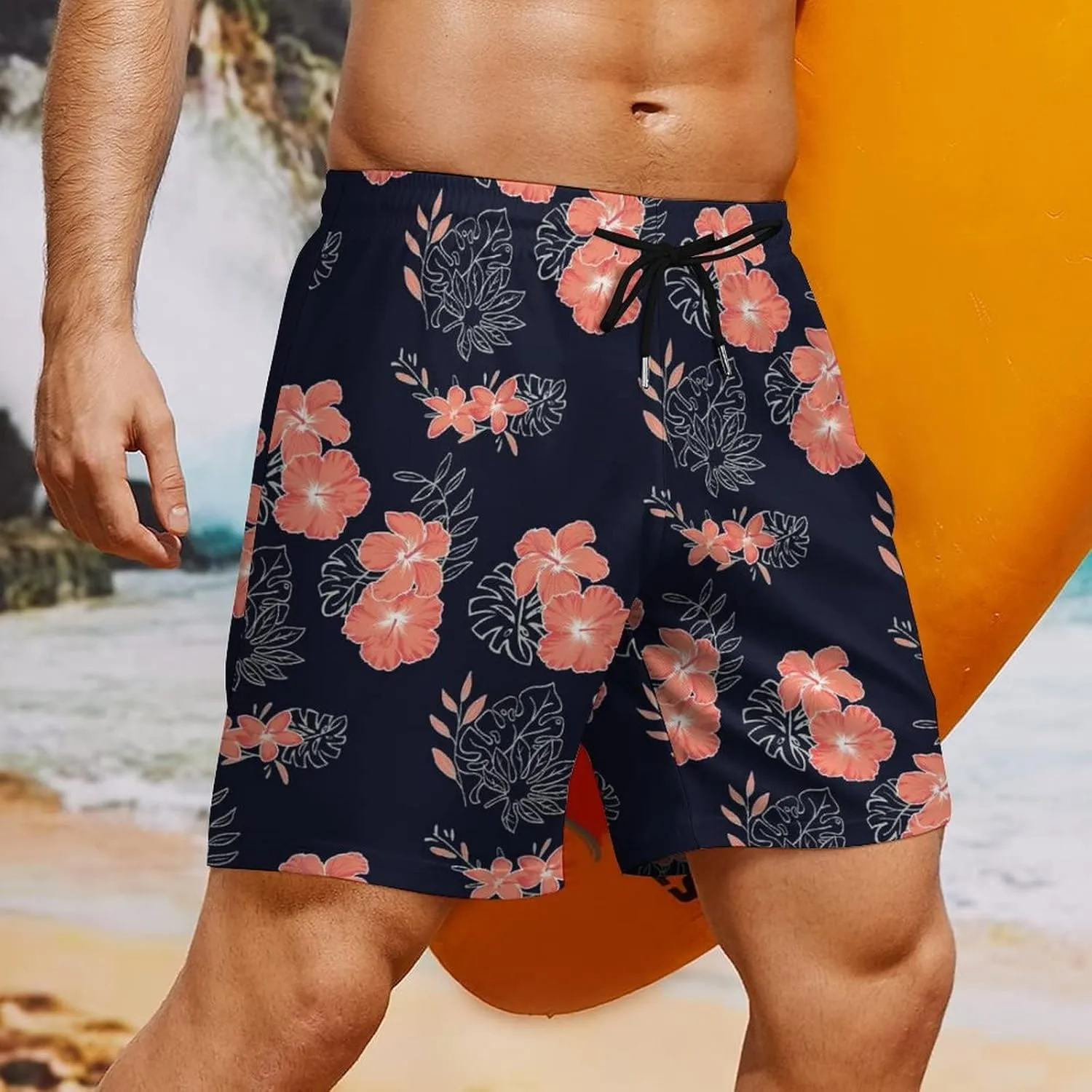Cerburny Mens Swim Trunks with Compression Liner Men Beach Shorts Bathing Suit Quick Dry Printed Swimming Short with Pockets