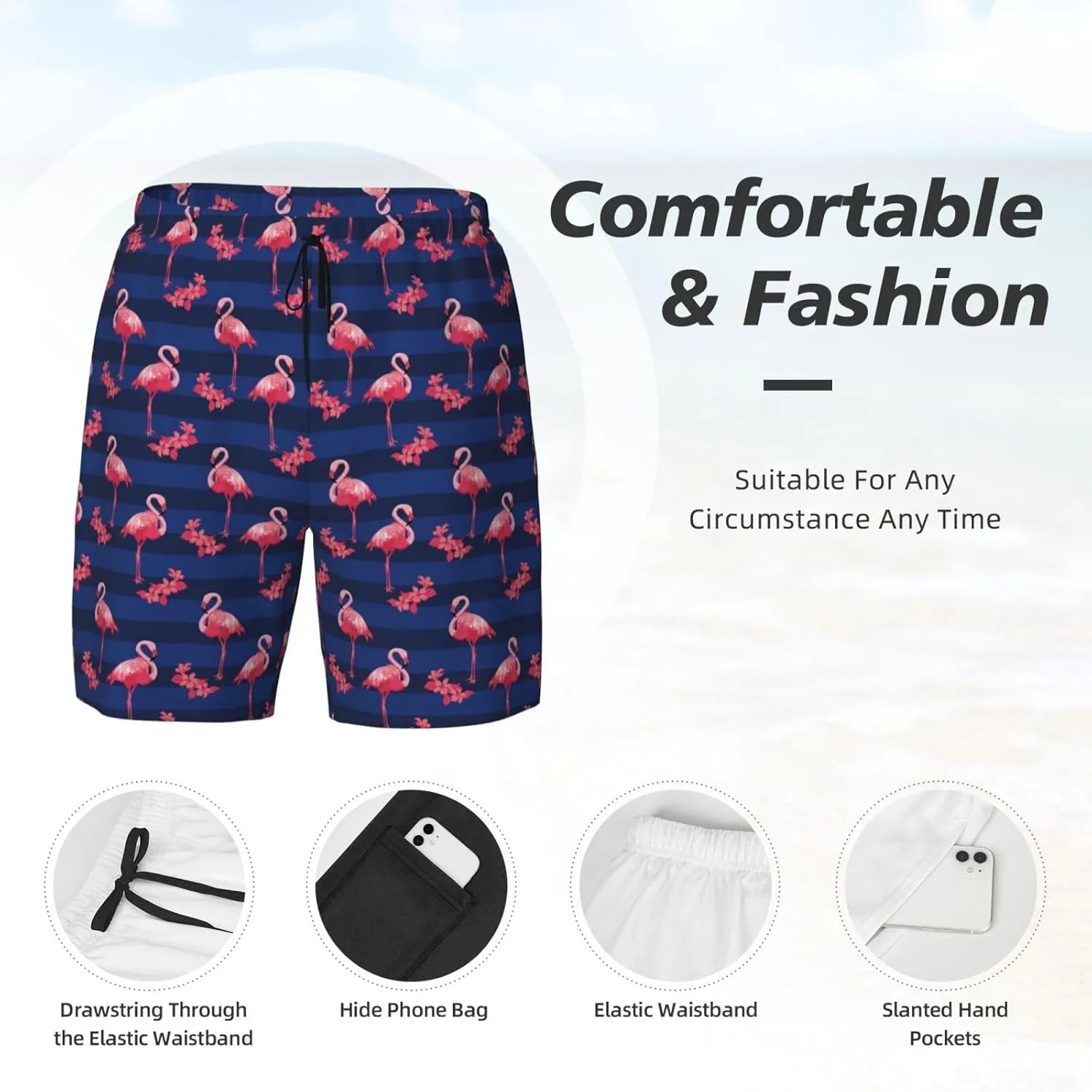Cerburny Mens Swim Trunks with Compression Liner Men Beach Shorts Bathing Suit Quick Dry Printed Swimming Short with Pockets