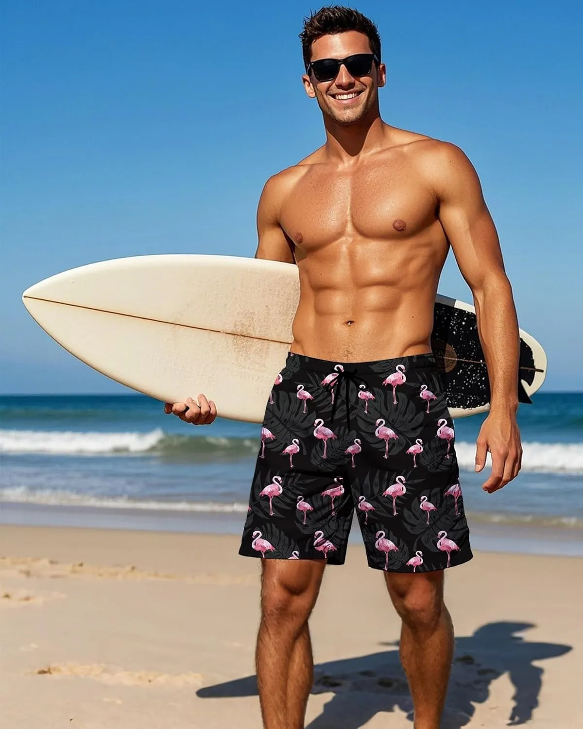 Cerburny Mens Swim Trunks with Compression Liner Men Beach Shorts Bathing Suit Quick Dry Printed Swimming Short with Pockets
