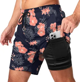 Cerburny Mens Swim Trunks with Compression Liner Men Beach Shorts Bathing Suit Quick Dry Printed Swimming Short with Pockets