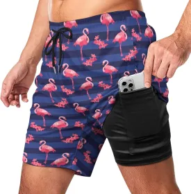 Cerburny Mens Swim Trunks with Compression Liner Men Beach Shorts Bathing Suit Quick Dry Printed Swimming Short with Pockets