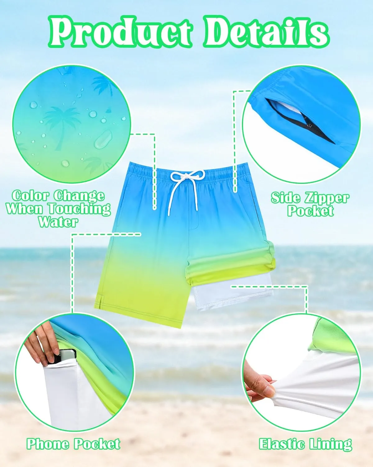 Color Changing Swim Shorts Mens Swim Trunks with Compression Liner 7 Inch Inseam Quick Dry Bathing Suits