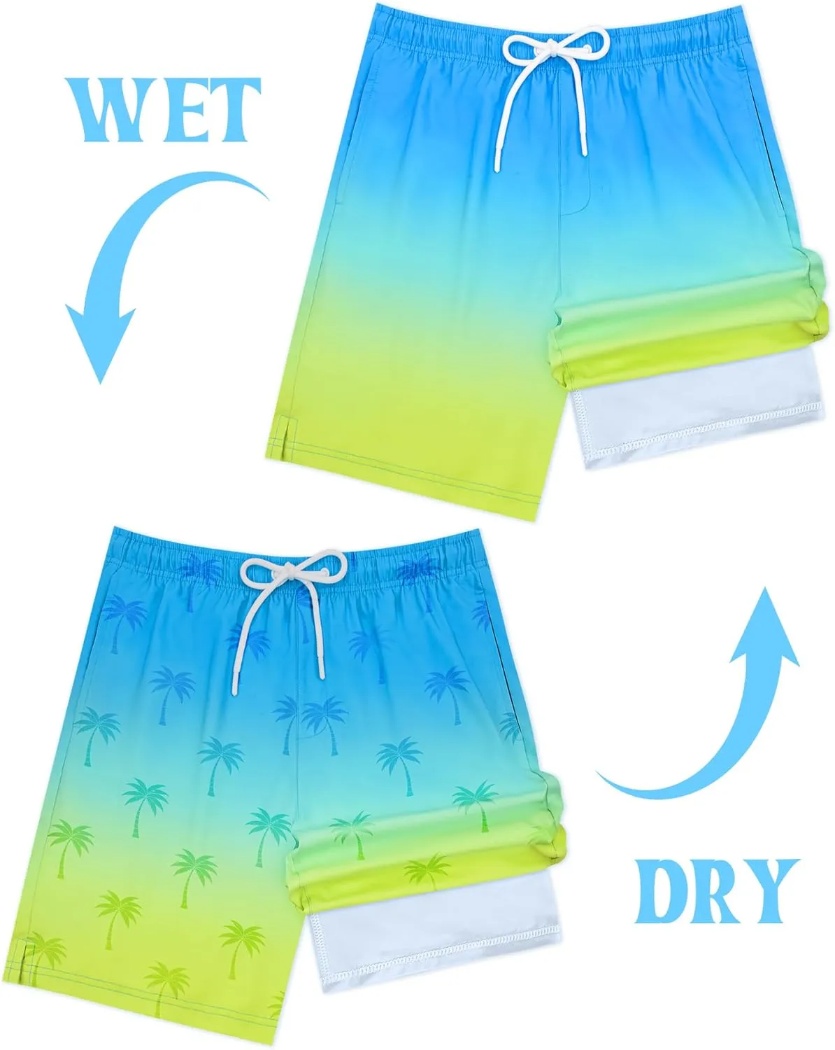 Color Changing Swim Shorts Mens Swim Trunks with Compression Liner 7 Inch Inseam Quick Dry Bathing Suits