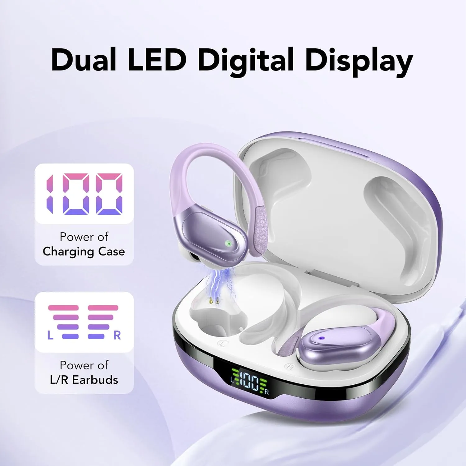 Ear buds Wireless Earbuds Bluetooth 5.3 Headphones 60hrs Playtime with Digital Display Sports Wireless Headphones with Earhook Deep Bass IPX7 Waterproof Over-Ear Earbuds for Android iOS Workout Purple
