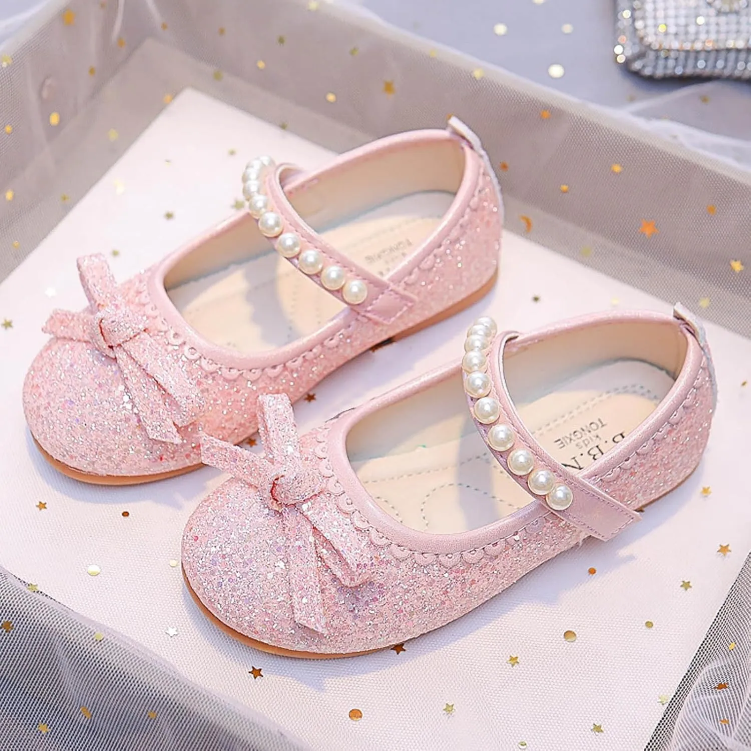Girl's Mary Jane Bow Elastic Strap Ballerina Flat Flower Bridesmaids Heels Glitter Princess Shoes Baptism Dress Shoes