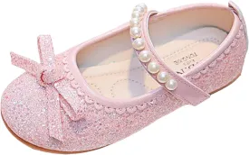 Girl's Mary Jane Bow Elastic Strap Ballerina Flat Flower Bridesmaids Heels Glitter Princess Shoes Baptism Dress Shoes