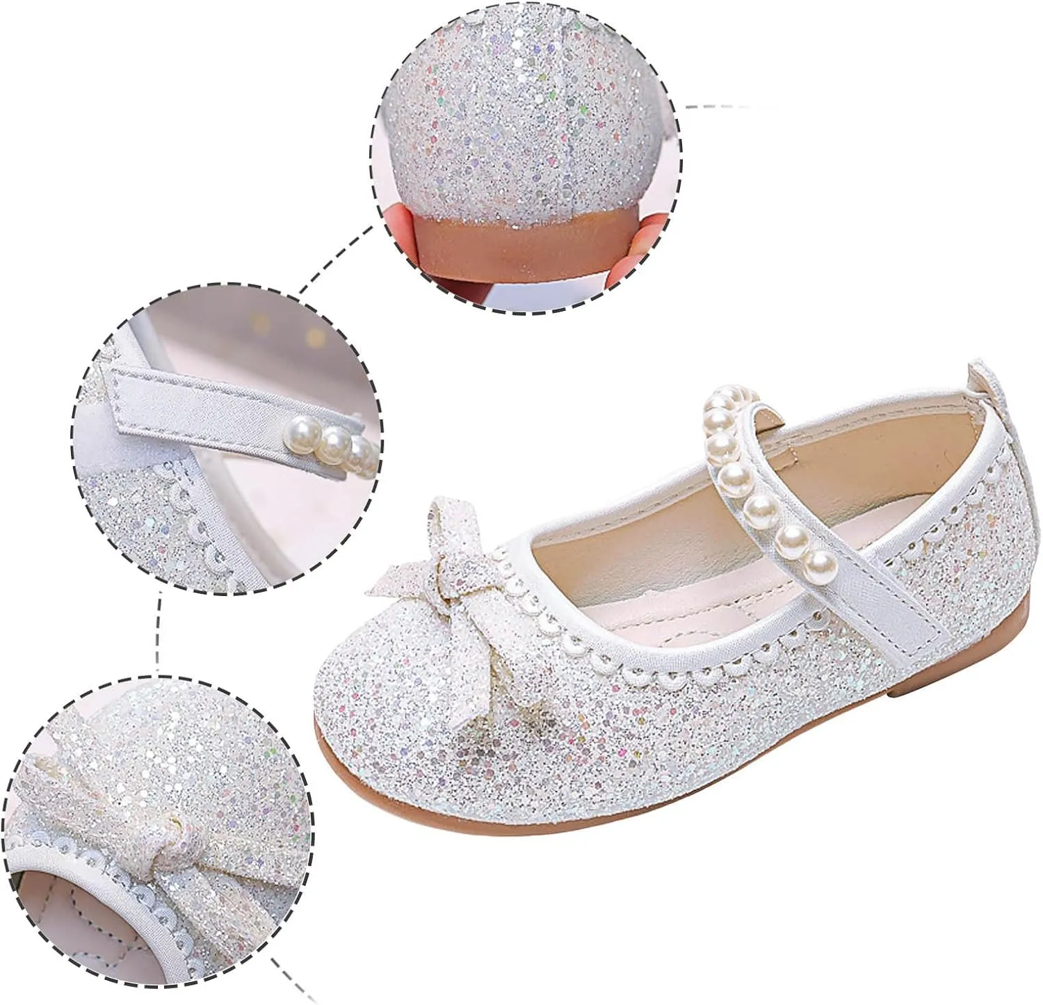 Girl's Mary Jane Bow Elastic Strap Ballerina Flat Flower Bridesmaids Heels Glitter Princess Shoes Baptism Dress Shoes