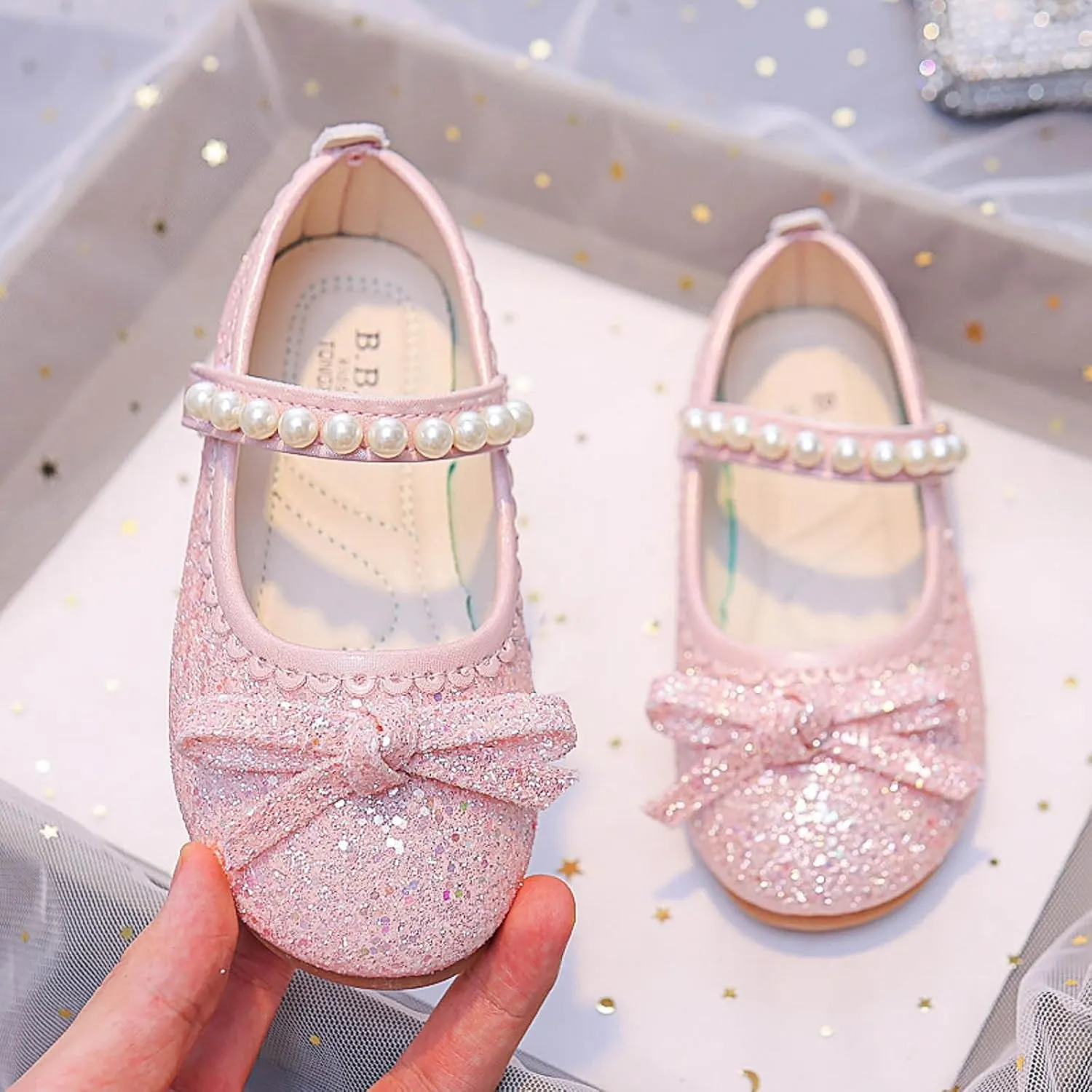 Girl's Mary Jane Bow Elastic Strap Ballerina Flat Flower Bridesmaids Heels Glitter Princess Shoes Baptism Dress Shoes