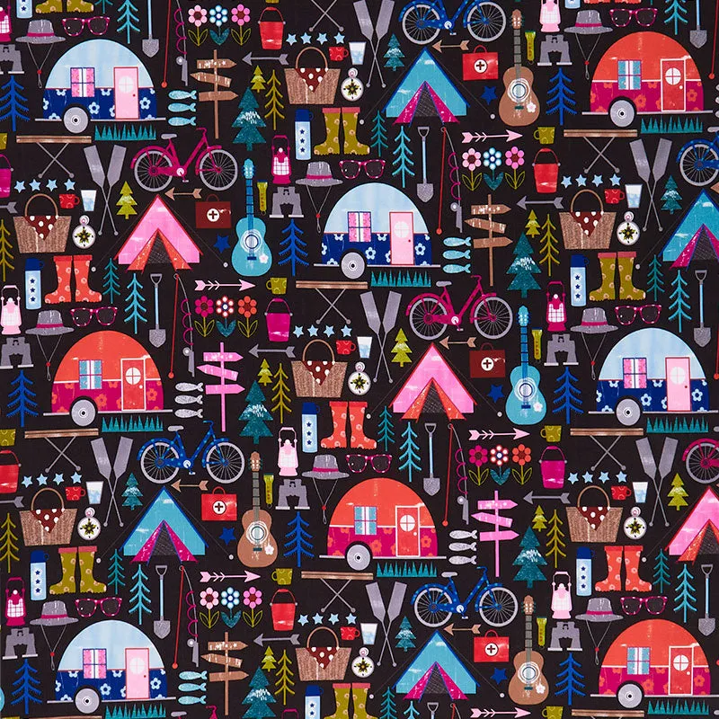 Happy Camper - Let's Go Camping Black Yardage