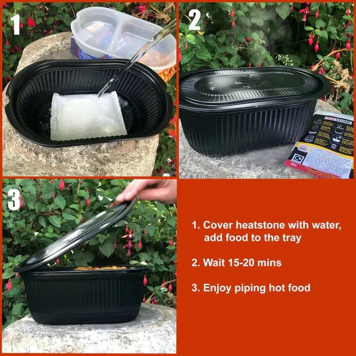 Heat2Eat Self Steamer Small Black Oval  Camping Food Steamer  2x HeatStones