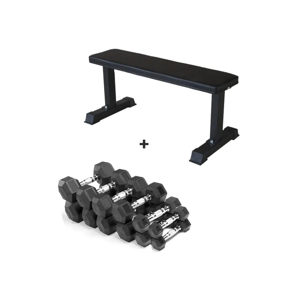 Hex Dumbbells Set (2.5 KG to 15 KG - 6 Pairs) with Flat Bench