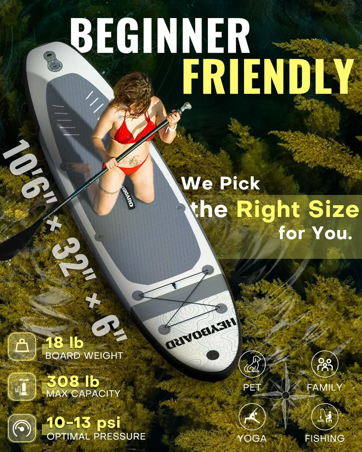 HEYBOARD Inflatable Stand Up Paddle Board 10'6"32"6" Standup Paddleboard with Premium SUP Accessories & Backpack, Non-Slip Deck, Waterproof Bag, Leash, Paddle, Hand Pump