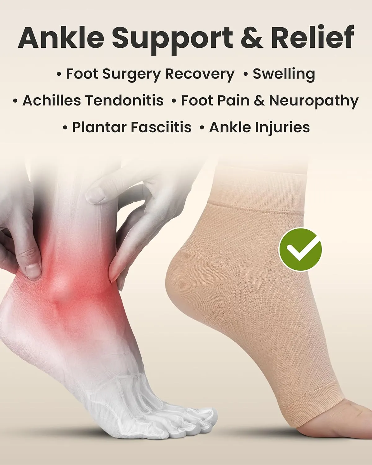 KEMFORD Ankle Compression Sleeve - Plantar Fasciitis Braces - Open Toe Compression Socks for Swelling, Sprain, Neuropathy, Foot Arch Support for Men and Women - 15-20mmhg, L, Beige