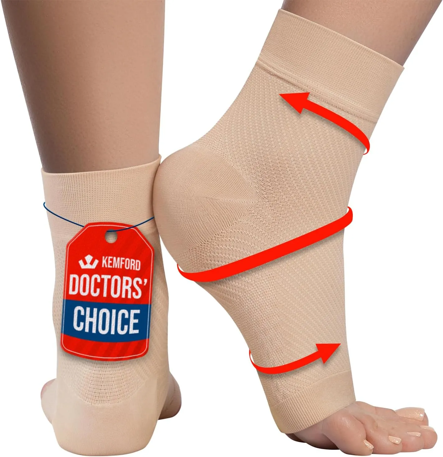 KEMFORD Ankle Compression Sleeve - Plantar Fasciitis Braces - Open Toe Compression Socks for Swelling, Sprain, Neuropathy, Foot Arch Support for Men and Women - 15-20mmhg, L, Beige