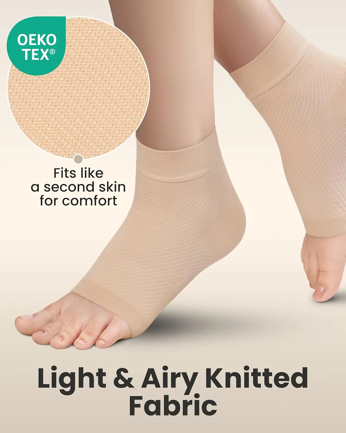 KEMFORD Ankle Compression Sleeve - Plantar Fasciitis Braces - Open Toe Compression Socks for Swelling, Sprain, Neuropathy, Foot Arch Support for Men and Women - 15-20mmhg, L, Beige